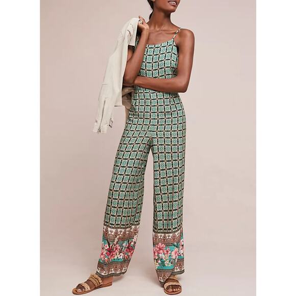 Farm Rio Green Floral Print Honolulu Wide Leg Pant Jumpsuit XS Anthropologie - Picture 1 of 11